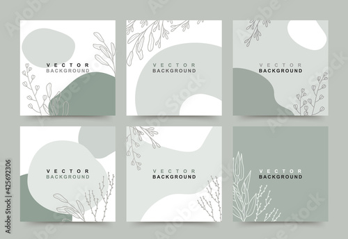 Set of organic minimal trendy square template  with space for text. Contemporary vector floral Illustration for posters, invitation,banners and social media stories wallpapers and post