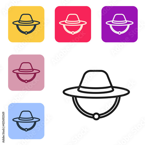 Black line Camping hat icon isolated on white background. Beach hat panama. Explorer travelers hat for hunting, hiking, tourism. Set icons in color square buttons. Vector