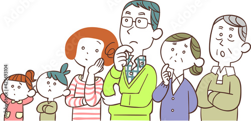 左向きで検討する家族の上半身
