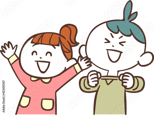 左向きで喜ぶ男の子と女の子
