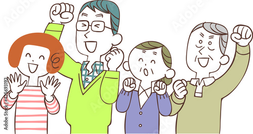 左向きで喜ぶ若い夫婦とシニアの夫婦
