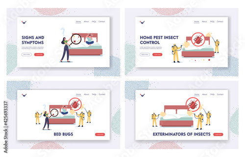 Characters Suffer of Bed Bugs Landing Page Template Set. Professional Pest Control Service Exterminators in Hazmat Suits