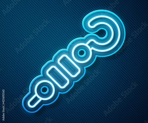 Glowing neon line Grilled shish kebab on skewer stick icon isolated on blue background. Meat kebab on skewer stick. Picnic with grilled meat. Vector