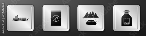 Set Oil tanker ship, Bio fuel barrel, Oilfield and Oil petrol test tube icon. Silver square button. Vector
