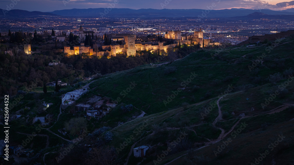 Photograph of the Alhambra at dusk from San Miguel, Granada, Spain.