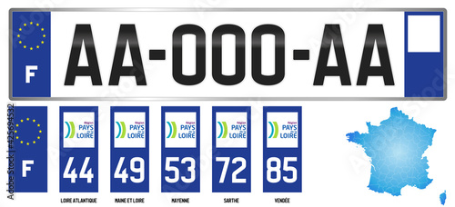 Pais de la Loire, France, french regional license plate template, detail of the side label of the department, vector illustration, example of numbering