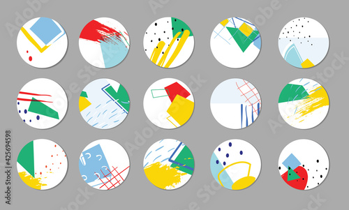 Set of vector highlight covers. Geometric abstract backgrounds. Various shapes, lines, spots, dots, brush strokes. Round icons for social media stories. Beautiful and brith design for bloggers