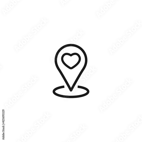 location icon with red heart. GPS pointer. Favorite place. Map pin.