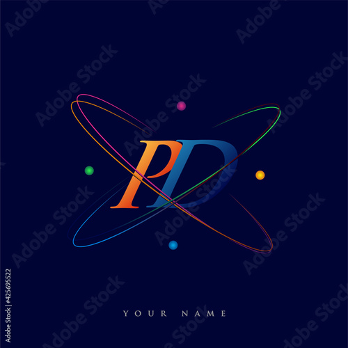 initial letter PD logotype science icon colored blue, red, green and yellow swoosh design. vector logo for business and company identity.