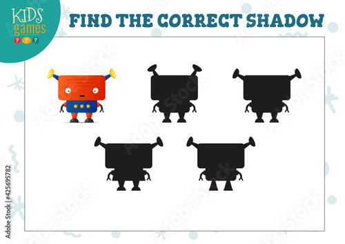 Find the correct shadow for cute cartoon robot educational preschool kids mini game
