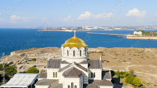 Sevastopol, Crimea. Vladimirsky Cathedral in Chersonesos. Chersonesus Tauric - founded by the ancient Greeks on the Heracles peninsula on the Crimean coast, Aerial View photo