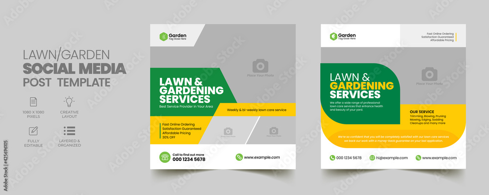 Lawn Mower Garden or Landscaping Service Social Media Post and Web Banner Template. Mowing poster, leaflet, poster design. grass, equipment, gardener

