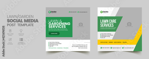 Lawn Mower Garden or Landscaping Service Social Media Post and Web Banner Template. Mowing poster, leaflet, poster design. grass, equipment, gardener