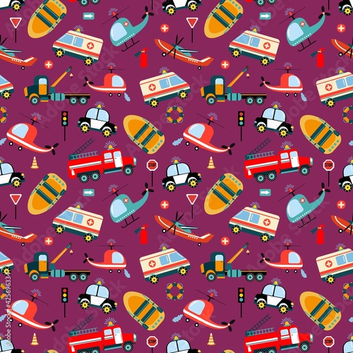 Cars are rescuers. Seamless pattern with rescue equipment. Design of fabrics, textiles, wallpaper, packaging, decoration of a children's room.