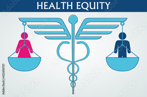 Health equity illustration vector. A design consisting of a caduceus symbol, balances, and human icons. Man and woman on balance. Health and healthcare concept.