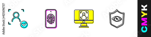 Set Face recognition, Mobile with fingerprint scan, and Shield eye icon. Vector