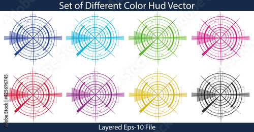 Set of different color hud vector isolated on white background. Dark and light blue, green, red, pink, purple, yellow, and black huds. Well-layered eps 10 file.
