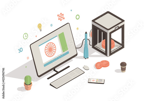 Isometric workspace with 3d printer and computer