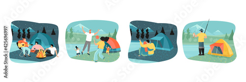 A family, a couple in love and a group of friends spend time in nature. Fishing man. A set of images with tents on the background of a mountain lake