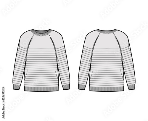 Sailor Sweater Striped Pullover technical fashion illustration with rib crew neck, long raglan sleeves, oversized, knit cuff. Flat apparel front, back, grey color style. Women, men unisex CAD mockup