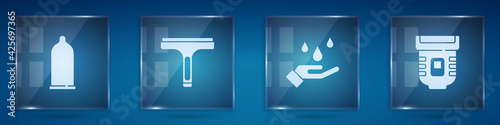 Set Condom, Rubber cleaner, Washing hands with soap and Epilator. Square glass panels. Vector