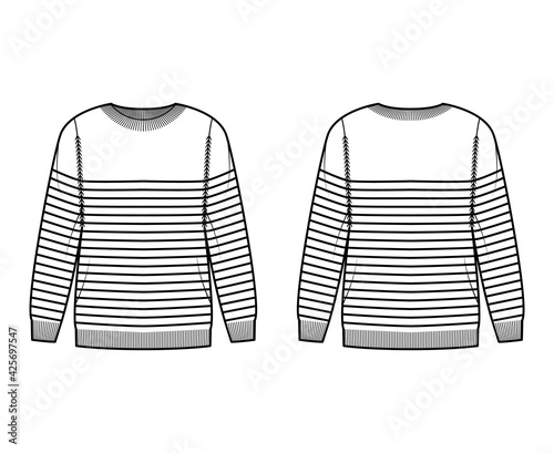 Sailor Sweater Striped Pullover technical fashion illustration with rib crew neck, long sleeves, oversized, hip length, knit cuff. Flat apparel front, back, white color. Women, men unisex CAD mockup