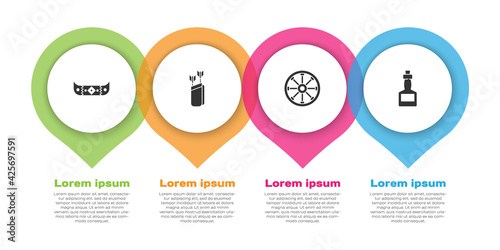 Set Kayak or canoe and paddle, Quiver with arrows, Old wooden wheel and Tabasco sauce. Business infographic template. Vector