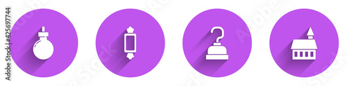 Set Bomb ready to explode, Candy, Pirate hook and Castle icon with long shadow. Vector