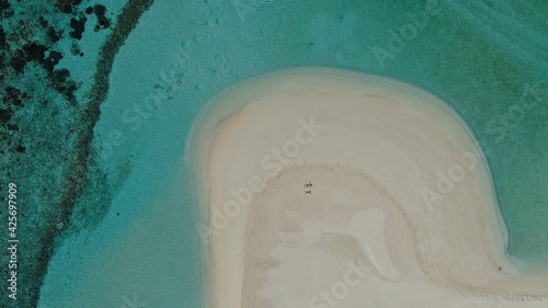 aerial view of a sandbank with turquoise water and the reef