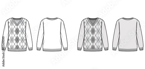 Argyle Sweater technical fashion illustration with rib V- neck, long sleeves, fingertip length, knit cuff trim. Flat jumper apparel front, back, white grey color style. Women, men unisex CAD mockup