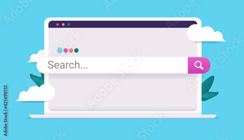 Search bar on computer - Vector illustration of white laptop with browser and search popping out of screen. Searching web and internet concept.