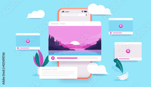Watching videos on smartphone - Phone with movie and viral content elements. Video advertisement concept. 3d vector illustration.