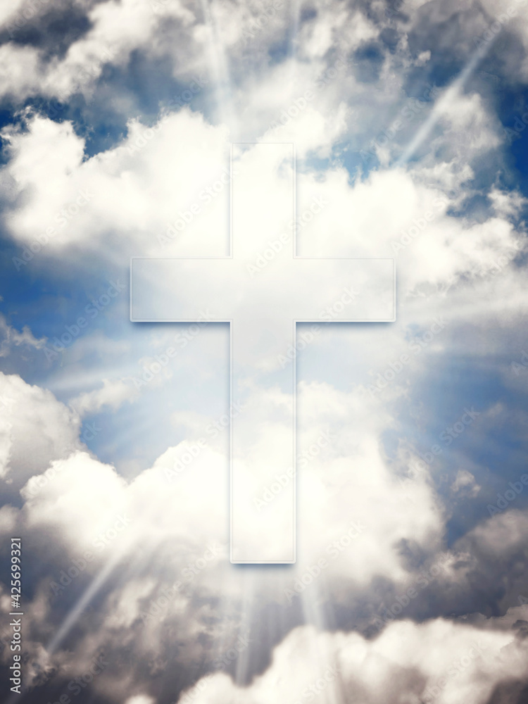 Happy Easter. Cross in the heavenly blue sky with clouds and sun rays