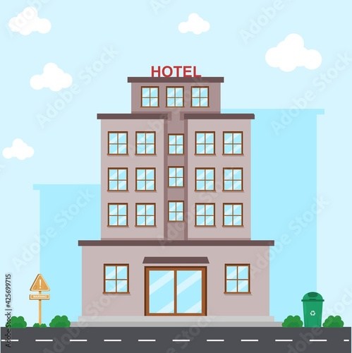 Vector illustration of a hotel in the middle of a city surrounded by trash boxes, on the theme of holidays and tourism. perfect for travel and 