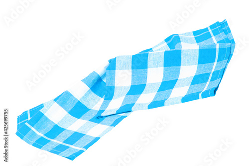 Closeup of a blue and white checkered napkin or tablecloth texture isolated on white background. Kitchen accessories.