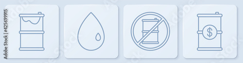 Set line Barrel oil leak, No barrel for gasoline, Oil drop and Barrel oil with dollar. White square button. Vector