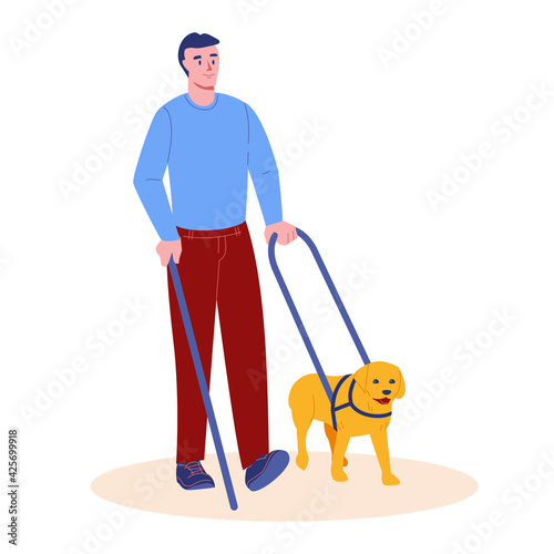 A blind man walks with a guide dog and a stick. Vector illustration in flat cartoon style. Isolated on a white background.