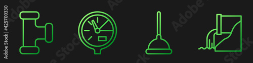 Set line Rubber plunger, Industry metallic pipe, Water meter and Wastewater. Gradient color icons. Vector