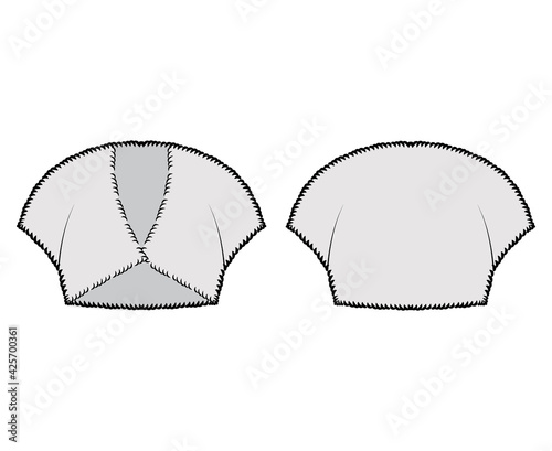 Faux fur shrug bolero technical fashion illustration with V- neck, capped sleeves, cut-away style, fitted body, crop length. Flat top apparel front, back, grey color. Women, men unisex CAD mockup