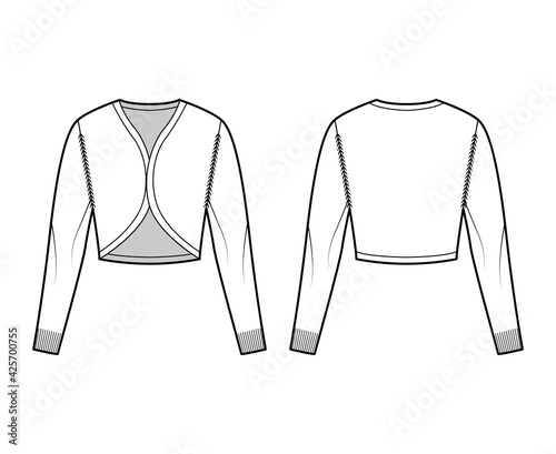 Shrug bolero cardigan technical fashion illustration with V- neck, long sleeves, slim fit, crop length, knit rib trim. Flat Sweater apparel front, back, white color style. Women, men unisex CAD mockup