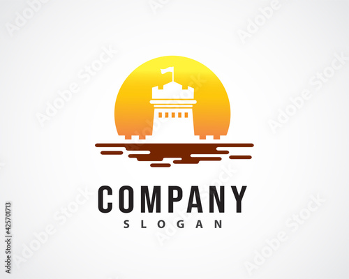 great wall castle sun background logo design illustration
