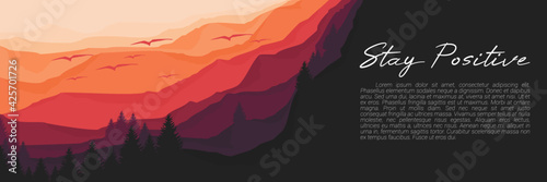 mountain forest sunset flat design vector banner template good for web banner, ads banner, tourism banner, wallpaper, background template, and adventure design backdrop