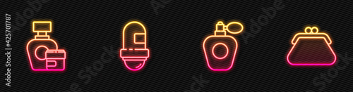 Set line Perfume, Cream or lotion cosmetic tube, Antiperspirant deodorant roll and Clutch bag. Glowing neon icon. Vector