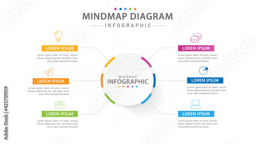 Infographic template for business. 6 Steps Modern Mindmap diagram, presentation vector infographic.