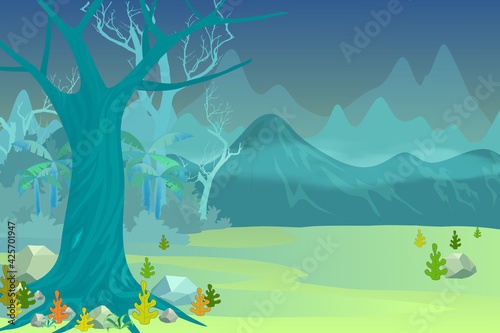 Mountain and green forest nature background flat color hand drawn. Vector illustration.