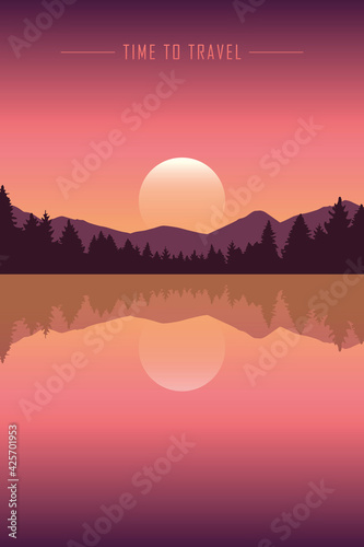 time to travel peaceful lake with mountain and forest view