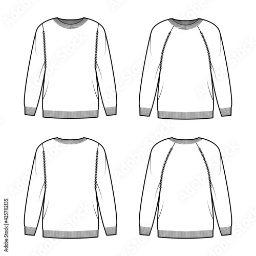 Set of crew neck Sweaters technical fashion illustration with long raglan sleeves, oversized, hip length, knit rib trim. Flat jumper apparel front, back, white color style. Women men unisex CAD mockup