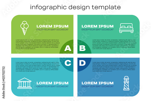 Set line Museum building, Ice cream waffle cone, Lighthouse and Big bed. Business infographic template. Vector