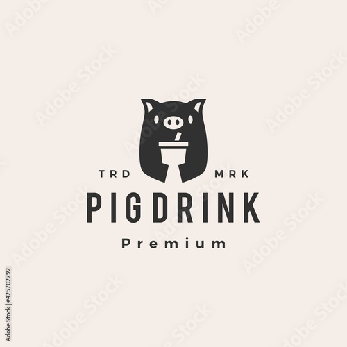 pig drink hipster vintage logo vector icon illustration