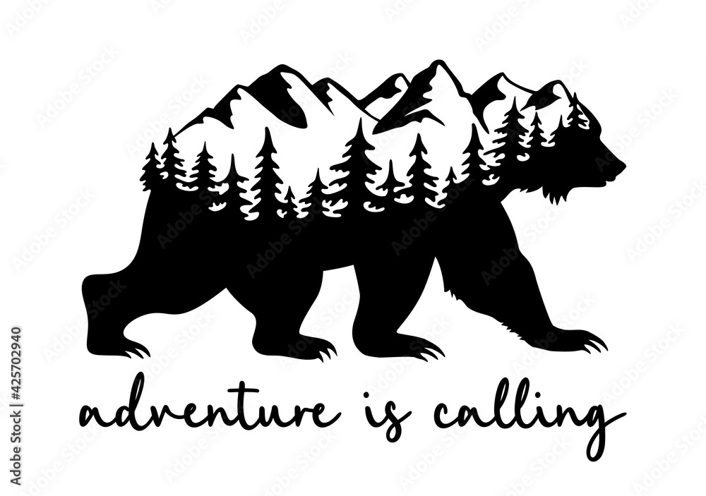 Vecteur Stock Bear silhouette with landscape mountains and trees